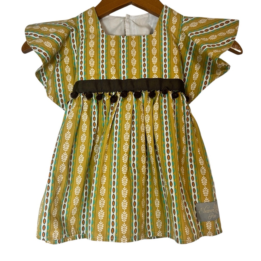 Eleanor Rose Ruffle Sleeve Dress Square Neckline Tie Back Pom Pom Waist 4/5